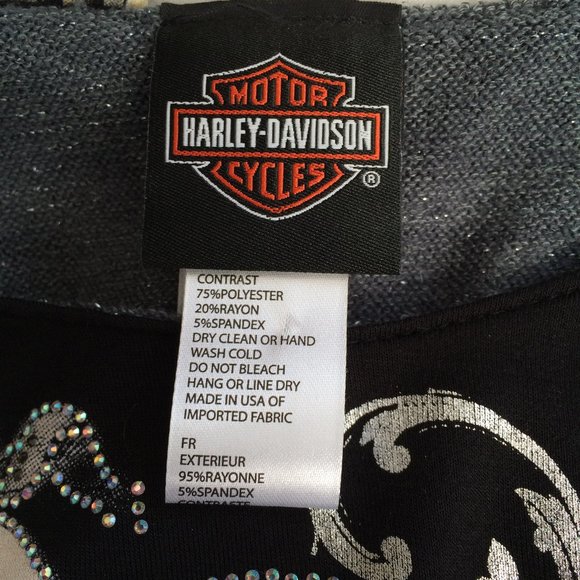 Harley Davidson Long Top Tunic Small Black Gray Silver 3\4 Sleeve Rhinestones - Picture 4 of 9